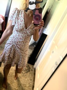 She + Sky White Mini Dress with Pink Floral Print